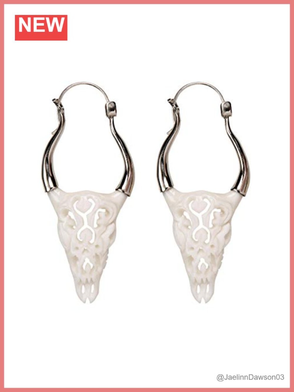 Hand Carved Bone Buffalo Skull Dangle Earrings 925 Sterling Silver Tribal Boho